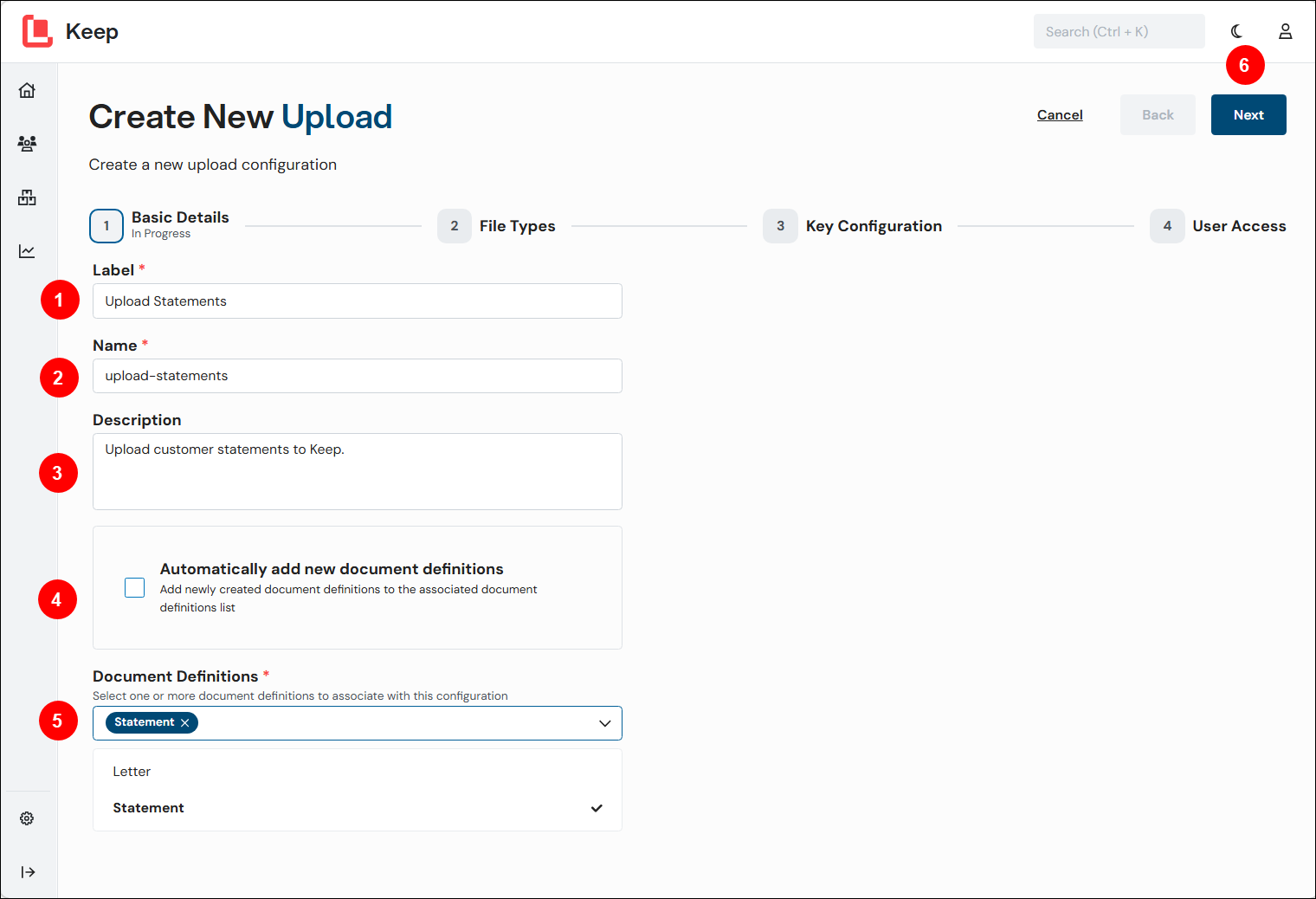 A number-annotated screenshot of the Basic Details page of the Create New Upload process in Keep.